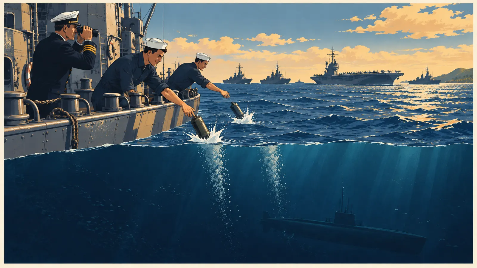 איור: שני מלחים אמריקנים על סיפון משחתת מטילים מטעני עומק קטנים לים הכחול, קצין צופה במשקפת, ובחתך מתחת למים נראית צללית של צוללת