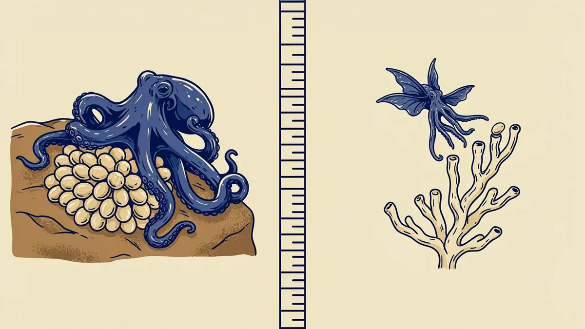 איור סכמטי בשני חלקים: וביניהם פס מדורג: באחד תמנון יושב על סלע ועוטף אשכול ביצים; בשני תמנון קטן מניח ביצה אחת על גבעול אלמוג ומתרחק.